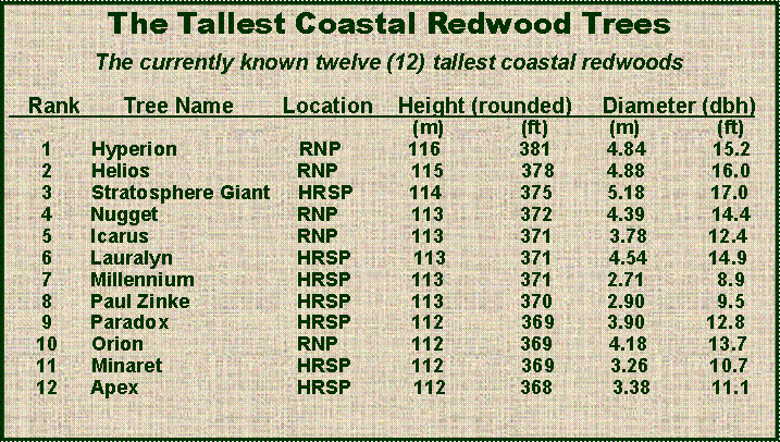 Text Box: The Tallest Coastal Redwood TreesThe currently known twelve (12) tallest coastal redwoods   Rank       Tree Name        Location    Height (rounded)     Diameter (dbh)                                                                            (m)              (ft)           (m)              (ft)      1       Hyperion                      RNP            116              381          4.84            15.2      2       Helios		     RNP	  115              378	  4.88            16.0      3       Stratosphere Giant     HRSP          114	          375	  5.18	         17.0      4	   Nugget		     RNP	  113	          372	  4.39            14.4      5       Icarus		     RNP	  113	          371          3.78           12.4       6	   Lauralyn		     HRSP           113	          371          4.54           14.9      7	   Millennium		     HRSP	  113	          371	  2.71             8.9      8	   Paul Zinke		     HRSP	  113	          370	  2.90             9.5      9	   Paradox		     HRSP	  112              369	  3.90           12.8     10      Orion		     RNP	  112	          369          4.18           13.7     11      Minaret		     HRSP	  112              369          3.26           10.7     12	   Apex		     HRSP           112	          368     	   3.38           11.1                 			